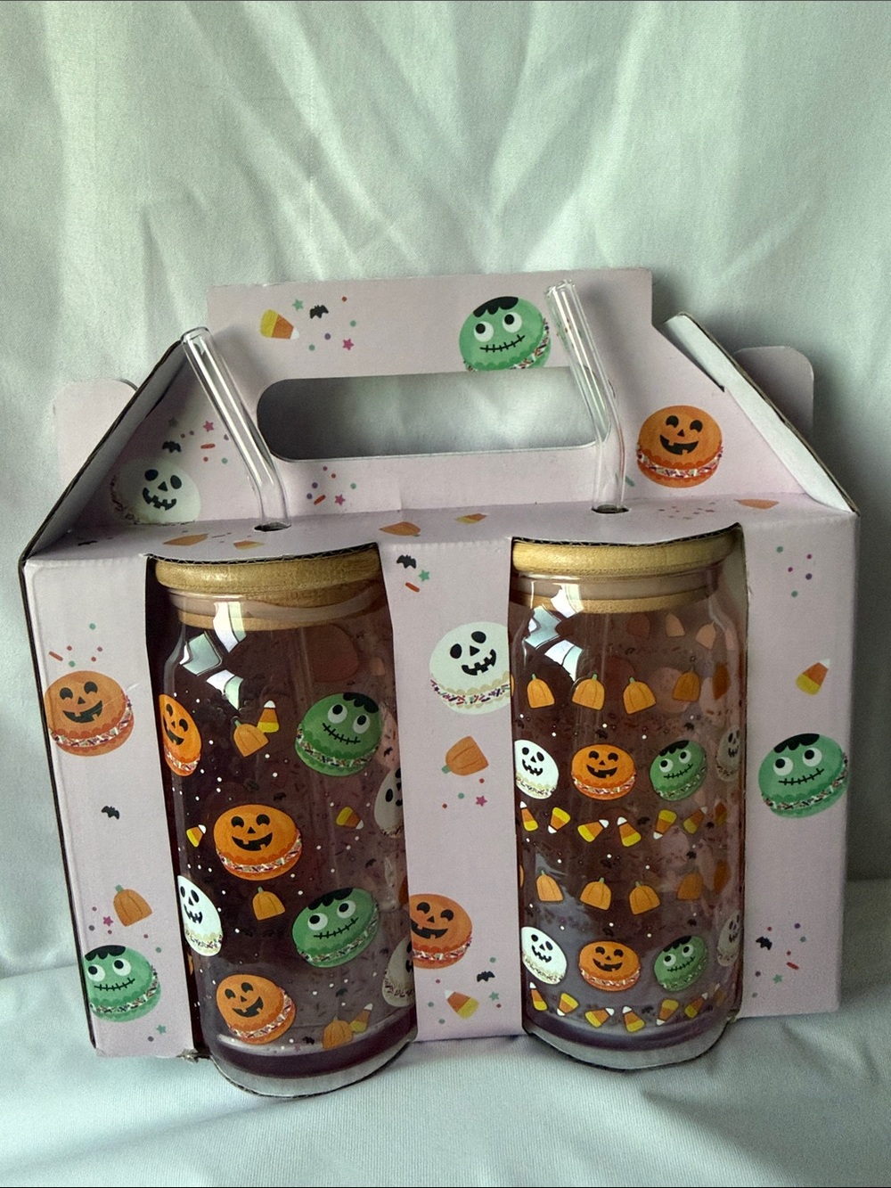 Halloween Glass Tumbler Set with Pumpkin & Monster Design - Pink Pack